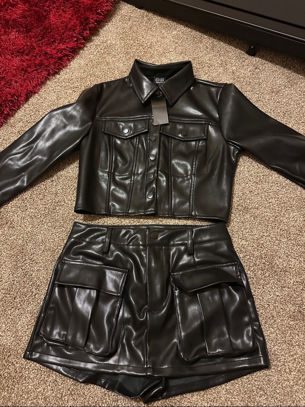 edge Black Faux Leather Cropped Jacket & Cargo-Style Shorts Set